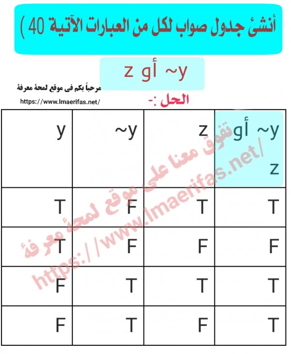 أنشئ جدول صواب لكل من العبارات الآتية~y أو z