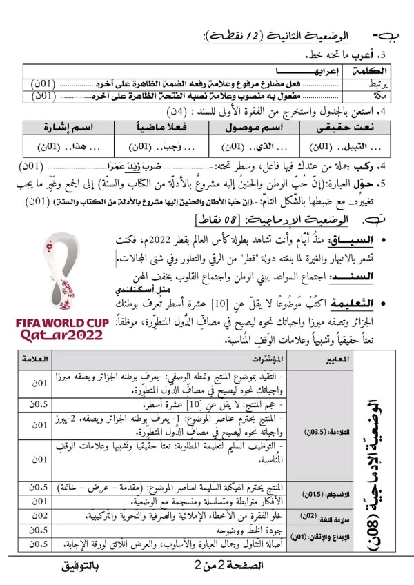 حل اختبار الفصل الأول في اللغة العربية للسنة أولى متوسط مع التصحيح 2022 2023